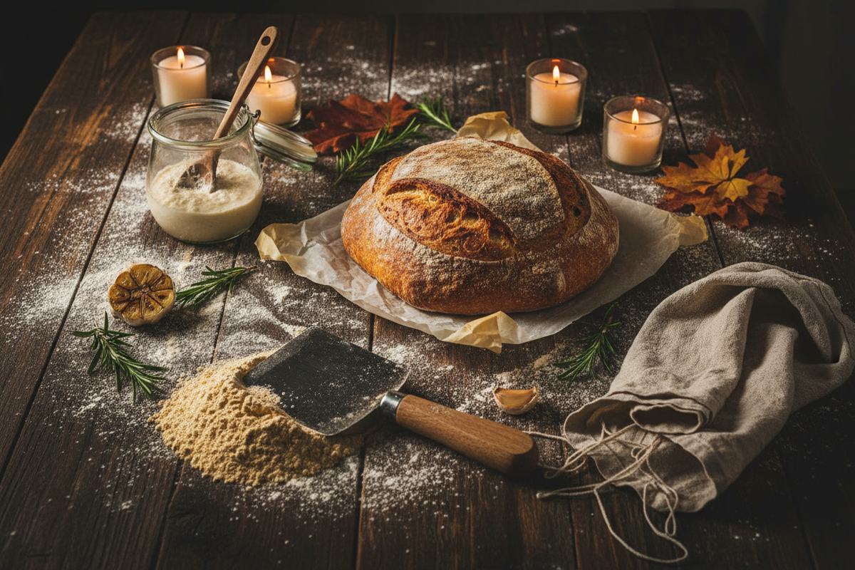 Rustic autumn baking scene with sourdough loaf, starter jar, dough scraper and rosemary on a wooden table