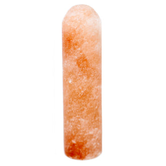 Upright pink Himalayan salt deodorant stick with a rounded top and mottled orange patches