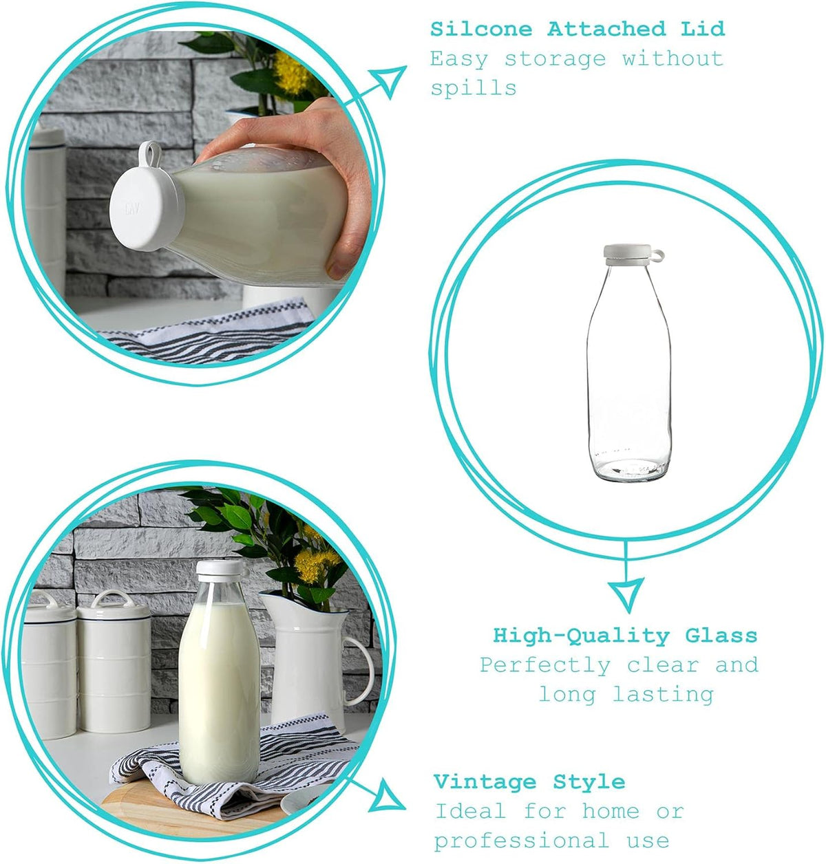 Glass Milk Bottle with Silicone Lid - 1 Litre Argon-rinkit
