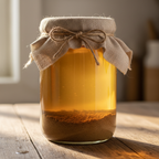 Glass jar of golden ginger bug covered with muslin cloth tied with string, ginger sediment at the bottom.