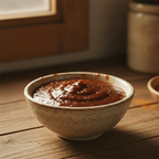 Ceramic bowl of dark brown ginger paste on a wooden table.