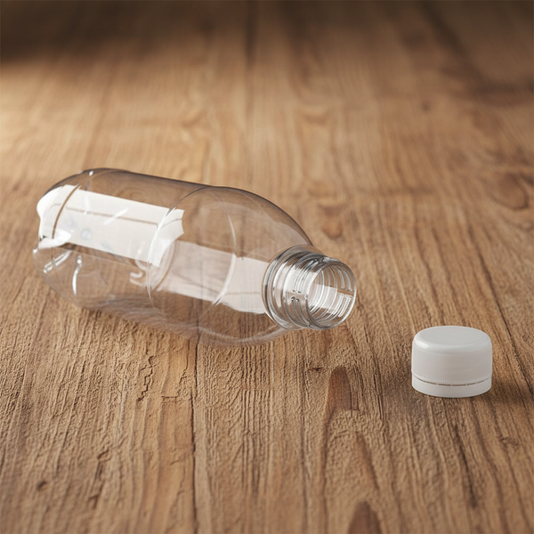 Clear 1 litre PET plastic bottle on its side with screw cap on rustic wooden surface