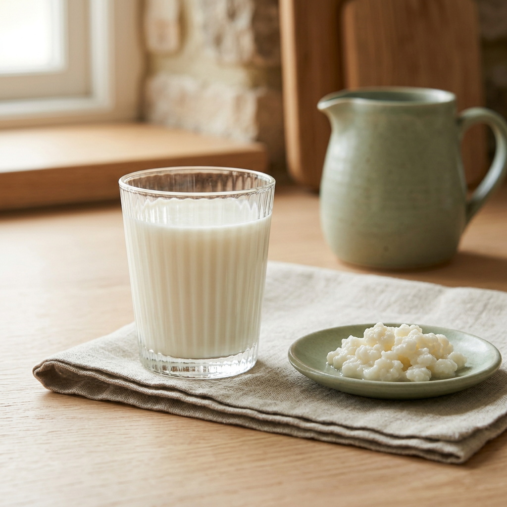 Glass of creamy milk kefir beside white kefir grains on a sage-green dish, with natural linen and a matching ceramic jug.