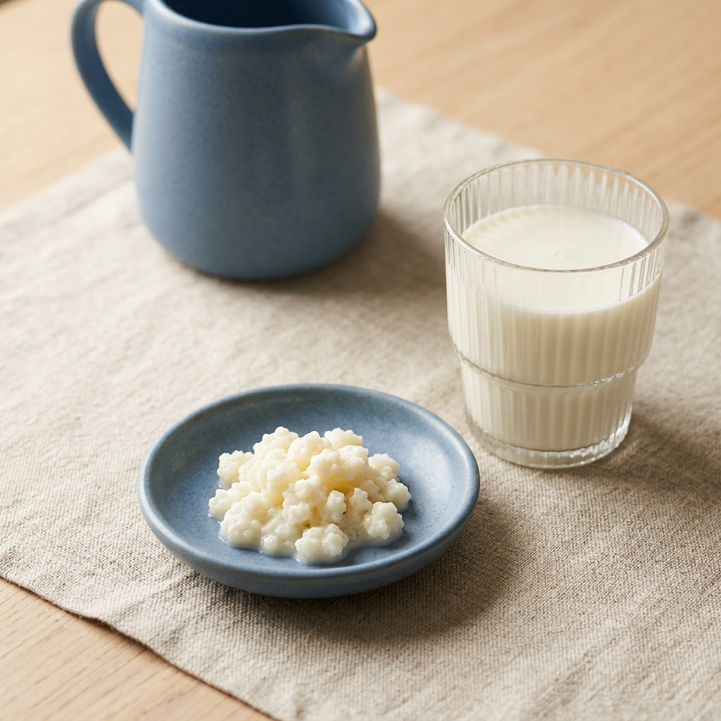 Glass of creamy milk kefir beside kefir grains in a blue ceramic dish, with a matching jug on natural linen.