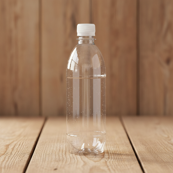 Clear 1 litre PET plastic bottle standing upright with screw cap on rustic wooden surface
