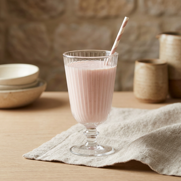 Pink flavoured milk kefir in a fluted stemmed glass with a striped paper straw, on natural linen beside handmade pottery.
