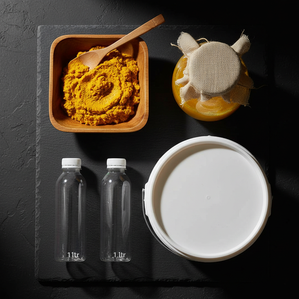 Turmeric bug starter kit flat-lay including jar, bowl, spatula, PET bottles and 5L bucket on dark slate