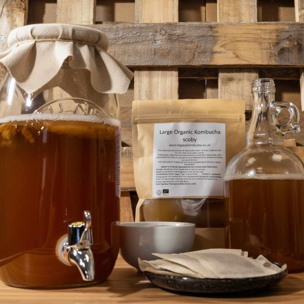 Kilner tap jar of kombucha beside a SCOBY pouch, filled handled bottle, bowl and tea bags on a plate