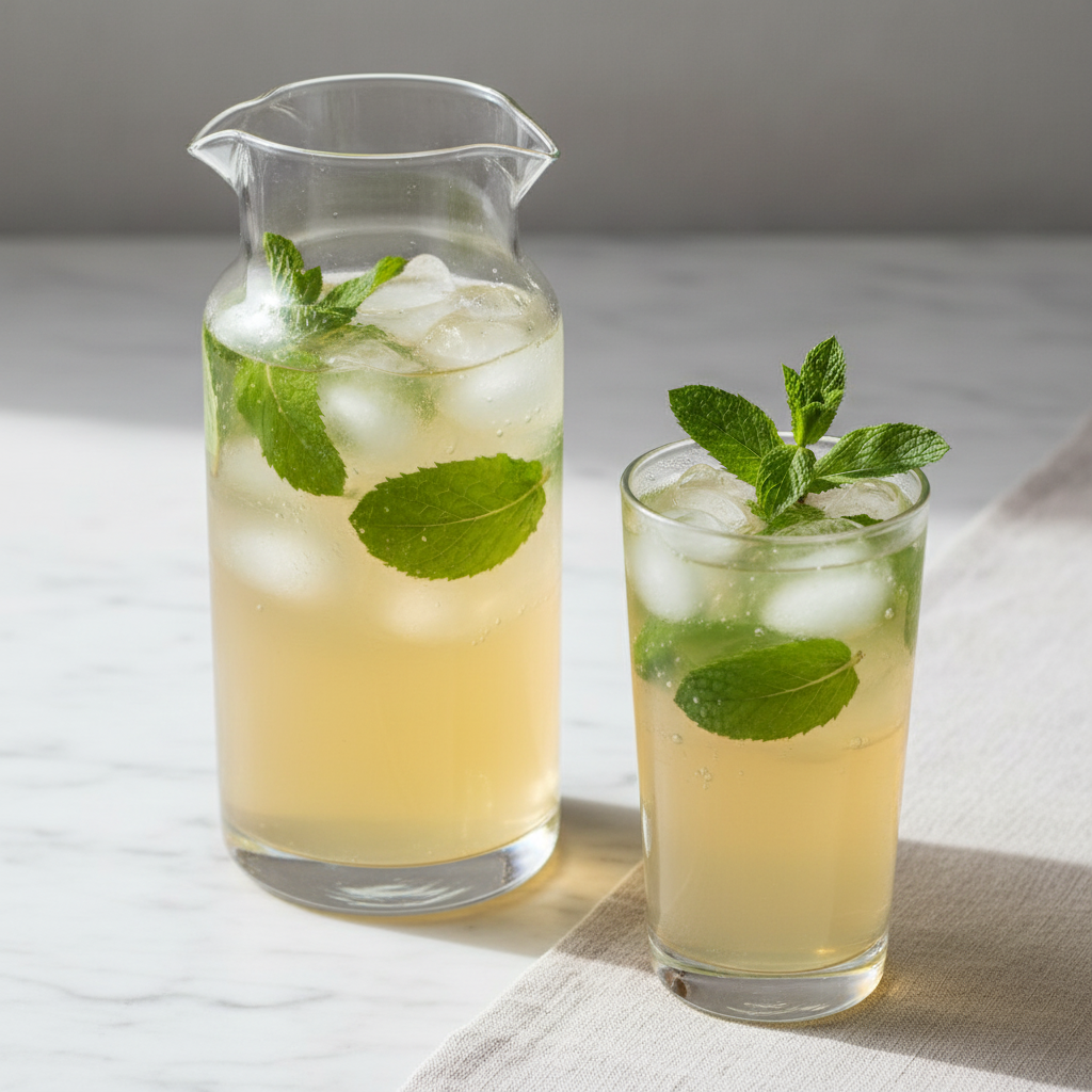 Jun in jug and glass with mint and ice