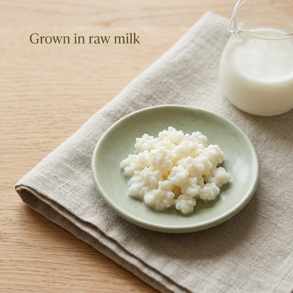 Raw-milk-grown kefir grains with sage pottery and a Grown in raw milk caption