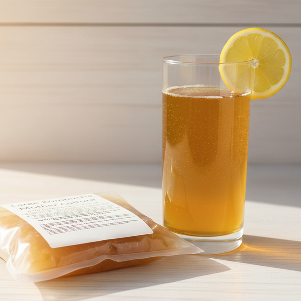 SCOBY pouch with kombucha glass