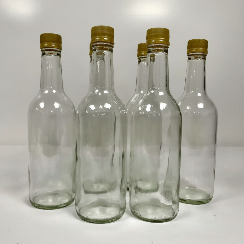 Six empty clear glass bottles with gold screw caps.
