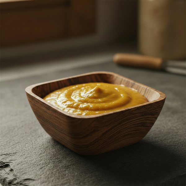 Turmeric paste in square wooden bowl on dark slate