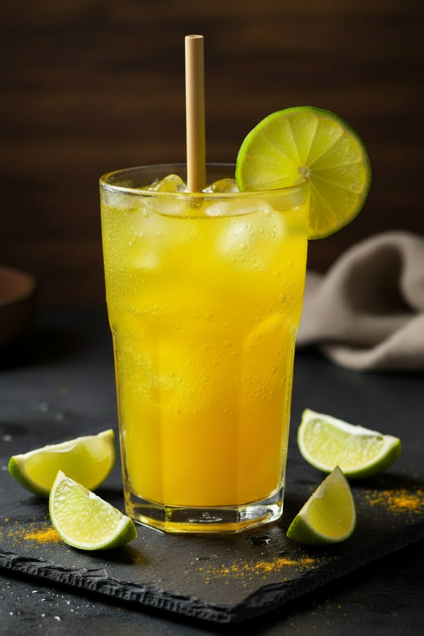 Turmeric soda with straw and lime wedges