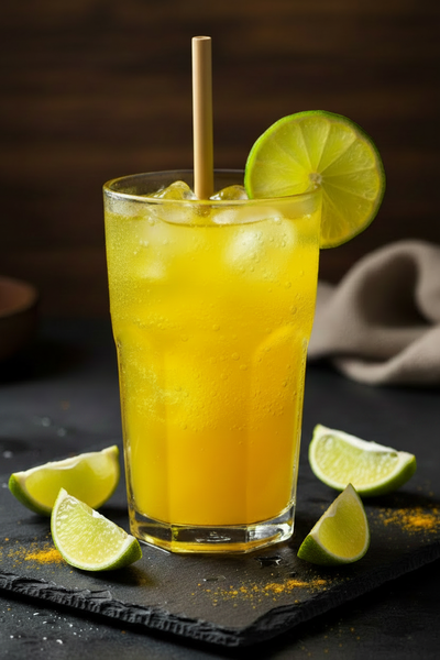 Turmeric soda with straw and lime wedges
