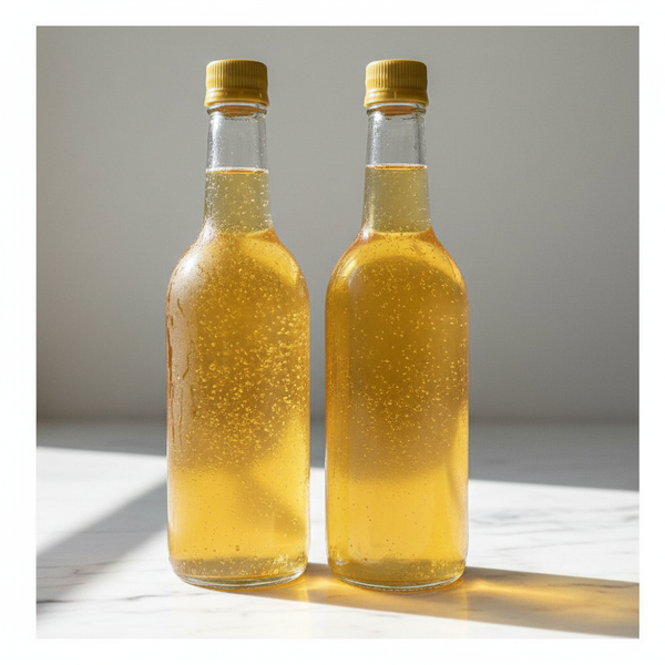 Two bottles filled with kombucha