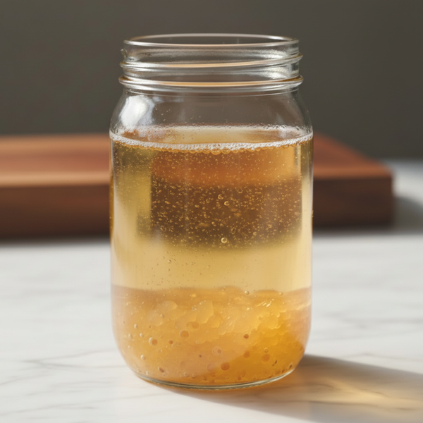 Water kefir grains in jar with bubbles