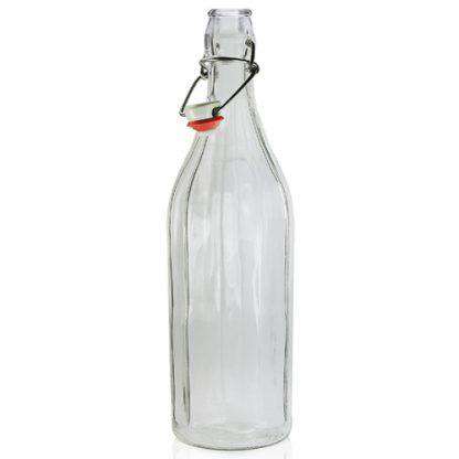 Clear glass bottle with faceted sides and an open swing-top stopper with a red seal