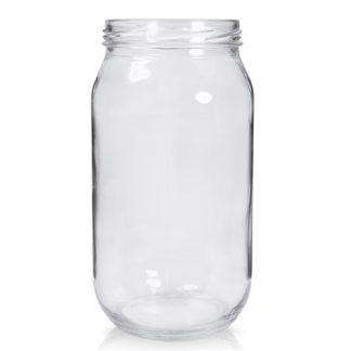 Empty clear glass jar with a wide threaded neck, shown without a lid