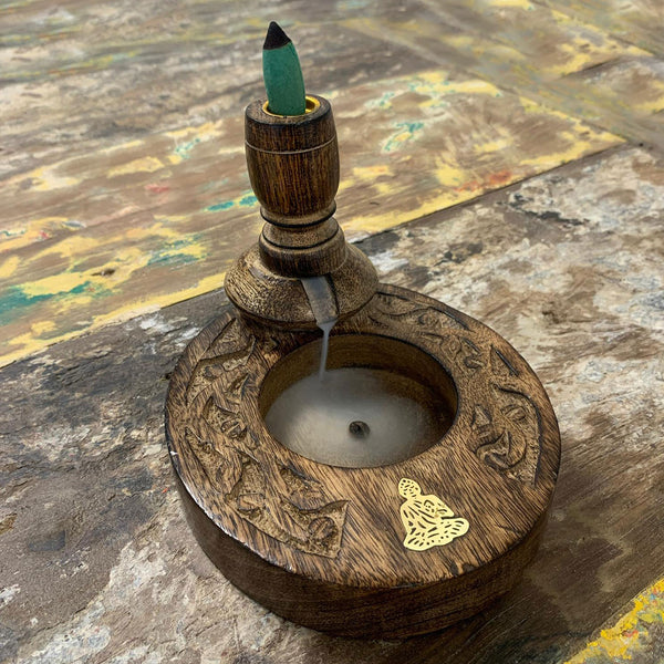 Backflow incense Burner -Mango Wood- Brass Buddha-happykombucha