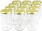 Twelve empty clear glass jam jars arranged in rows with gold-coloured twist-off lids