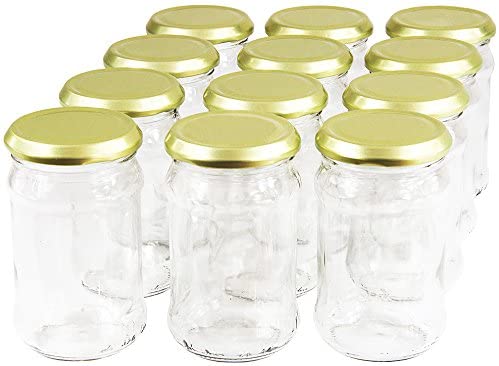 Twelve empty clear glass jam jars arranged in rows with gold-coloured twist-off lids