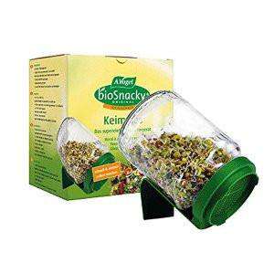BioSnacky glass sprouting jar with green draining lid and stand, filled with sprouts beside its box