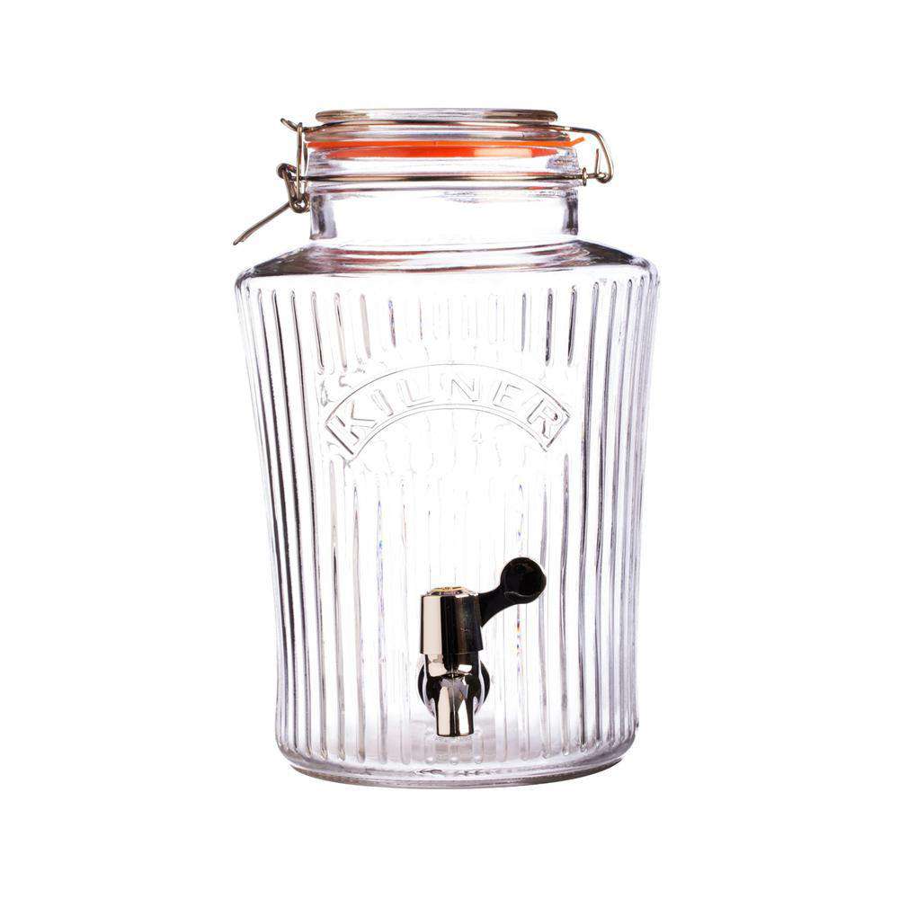 Ribbed clear Kilner glass dispenser with a clip-top lid, orange seal and silver-coloured tap with black lever
