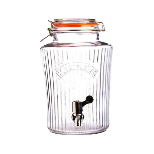 Ribbed clear Kilner glass dispenser with a clip-top lid, orange seal and silver-coloured tap with black lever